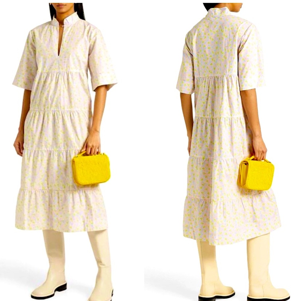 EUC Beautiful Ganni Poplin Mock Neck Tiered Midi Dress DE 40/US 10